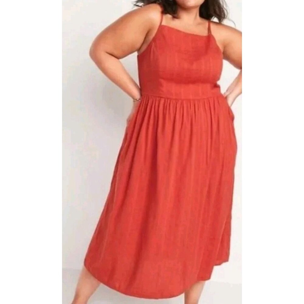 Old Navy Cotton Blend Square Neck Fit Flare Midi Cami Dress Burnt Orang Women XL